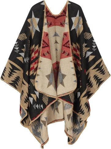 Women's Travel Plaid Shawl Wraps Open Front Poncho Cape Warm Oversized Sweaters Casual Cardigan Shawls for Fall Winter,Series 03-Stars Diamonds in Kuwait