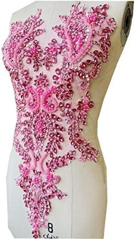 Handmade Rhinestones lace Appliques sew on Beads Trim Patches for Dress Clothing Accessories (Pink) in Saudi Arabia