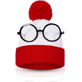 Wheres Waldo Hat and Glasses -Great for Harry Potter Glasses w/ Wheres Waldo Costume Beanie -Waldo Glasses w/ White & Red Beanie Hat -Pom Pom Beanie & Circle Glasses for Men - Wheres Waldo Accessories