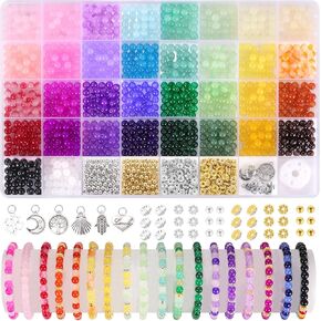 Funtopia 1436pcs 6mm Glass Beads for Bracelets, 34 Colors Crystal Beads for Jewelry Making, Round Glass Beads for DIY Earrings Necklace Crafts with Spacer Beads and Charms, Solid and Gradient Colors