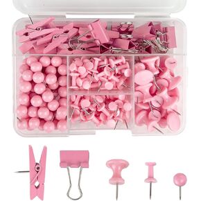 200pcs Pink Push Pin Kit Office Supply Set in 5 Types Including Thumbtacks, Push Pins, Binder Clips, Clothespins for Cork Board, Bulletin Boards and Office Organization