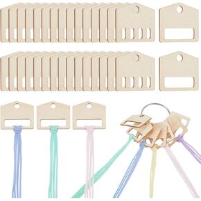 BENECREAT 80Pcs Wood Thread Drops, 1.75x1.9inch House Shape Floss Drops Bobbin Drops Cross Stitch Thread Organization with Iron Floss Ring for Craft DIY Sewing Storage