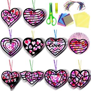 EggSun 36 Sets Valentines Suncatchers Craft Kit for Kids Ornaments Stained Glass Heart Window Arts and Crafts Kit for Classroom Holiday Projects Home Party Favors Decorations Ages 4 8 12