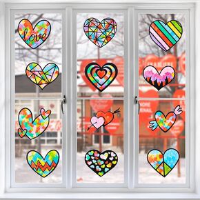 Haooryx Mother’s Day Paper Craft - 12-Piece Mother’s Day Kids' Heart Paper Suncatcher DIY Paper Craft Kits Kids Stained Glass Effect Mom Birthday Decorations Classroom Handcraft Art Supplies Party
