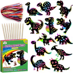ZMLM Dinosaurs Art & Craft Activity - 48 Pcs Rainbow Scratch Paper Set Craft & DIY Party Favor Games Supplies Gifts for Girls & Boys Ages 4 5 6 7 8 9 for Easter Halloween Christmas Birthday