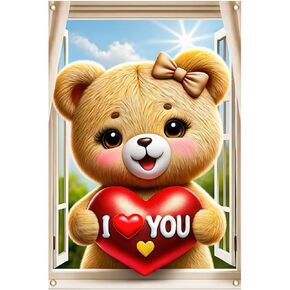 Valentine’s Window Cover Decoration Valentine’s Day Cute Lovely Bear Teddy Hearts Love Balloons Backdrop Photo Background Party Hanging Window Supplies 31×47 inch