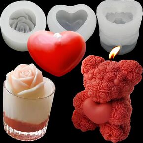 3D Rose Bear Silicone Molds 3D Rose Heart Candle Molds Valentine's Day Silicone Molds Candle Making Molds Bear Silicone Mold for Women Gifts,Birthday Wedding Mother's,Father's Gifts and Window Display
