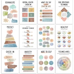 12 Pcs Mental Health Posters - Mental Health Awareness Items, Therapy Office Decor, Counseling Office Must Haves, School Counselor Inspirational Positive Poster, Mental Health Gifts (Laminated Posters-10"x14")
