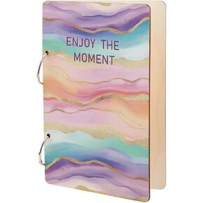 SUPERDANT Enjoy the Moment Greeting Card Holder Planning Book Organizer Wooden Loose Leaf Binder Watercolor Waves Photo Album 2-Rings Cover Wedding Planner Keeper Keepsake Gifts Cover Binder