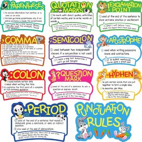 11 Pieces Punctuation Rules Poster Educational Punctuation Poster Punctuation Cutouts Bulletin Board Set with 100 Glue Point Dots for Student Classroom School, 16.5 x 11.5 Inches