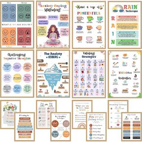 16 Mental Health Posters (A4 8.3x11.7 inches), Counseling & Therapy Office Decor, School Counselor Wall Art, No Frame