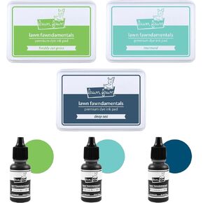 Lawn Fawn Stamping Ink Pads and Reinkers Cool Tone Bundle 1 - Freshly Cut Grass, Mermaid & Deep Sea