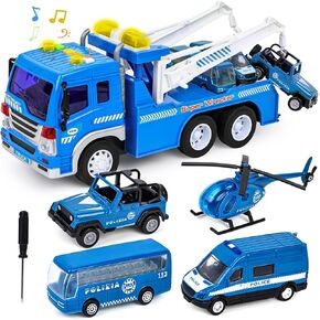 LovesTown 5PCS Tow Truck Toy Set, Blue Truck with Lights and Sounds and Small Die-cast Toy Trucks Police Wrecker Truck Set for Kids Birthday Present