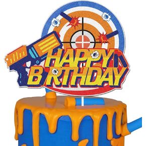 Dart War Happy Birthday Cake Topper Gun Target Bullet Dart War Cake Decoration Gun Shooting Themed Birthday Party Supplies for Boys Girls Kids