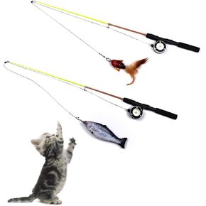 2 PCS Cat Wand Toys, Adjustable Toys with Silvervine Sticks for Cat, Interactive Cat Feather Wand Toy for Indoor Cats, Elastic String Cat Pole Toy with Fish