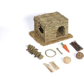 Bunny Grass House, Hand Woven Natural Grass Hideouts for Rabbit, Foldable Hut Play House for Hamster, Guinea Pig, Hamster, Chinchilla and Small Animals to Play with Bunny Chew Toys
