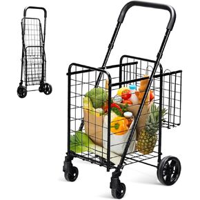 Byroce Utility Folding Shopping Cart, Light Weight Trolley with Handle, Large Grocery Utility Cart with Swiveling Wheels and Dual Storage Baskets, Ideal for Laundry Book Luggage Travel (Black)