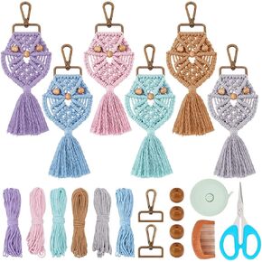 FREEBLOSS 6 Set DIY Macrame Owl Keychain Kit Owl Macrame Kit Macrame Keychain with Video Tutorial Macrame Kit for Beginners Boho Macrame Keychain Kit for Car Key Purse Phone Wallet Charm