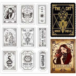 INFUNLY Dark Magic Tarot Clear Stamps for Card Making Black Snake Tarot Transparent Silicone Stamps Sun and Moon Tarot Clear Stamp Skeleton Cat Rubber Stamps for DIY Scrapbooking Photo Album Decor