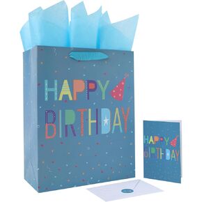 13" Large Happy Birthday Gift Bag Set with Handles, Greeting Card, Blue Tissue Papers and Stickers for Boys Teens for Baby Shower, Kids‘ Birthday Party, Newborn, Cute Design, 1 Pcs