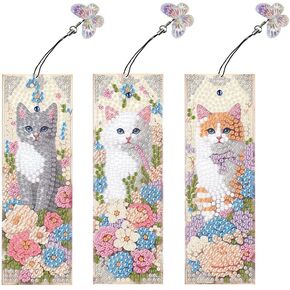 pigpigboss 3 Pieces Cat Diamond Painting Bookmark Kit, Flower Cat Diamond Art Bookmark, Acrylic Bookmark Painting Cat Arts Crafts for Adult Cat Lover Book Decor