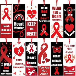 Haooryx Heart Disease Awareness Bookmarks - 120Pcs Wear Red for Heart Bookmarks with Ribbon Never Give Up Heart Disease Awareness Week Book Marks for Red Ribbon Week Awareness Seminar Handout Supplies