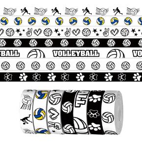 7 Rolls × 3 Yards Sports Volleyball Ribbon for Crafting Sewing, 3/8 Inch Black White Grosgrain Ribbons for Gift Wrapping, Go Team Balls Ribbons for Hair Bow Cheerleader Accessories