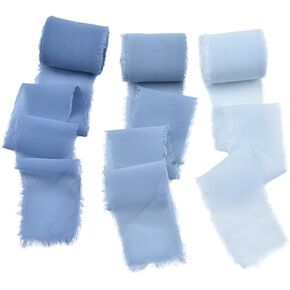 Joanlody Dusty Blue 1-3/4" x 6Yd Handmade Fringe Chiffon Ribbon 3 Rolls Silk Frayed Edge Ribbon for Wedding Invitations Bridal Bouquets Gifts Wrapping