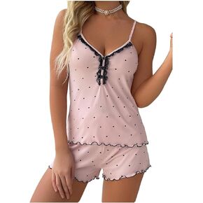 Women's 2 Piece Heart Print Pajama Sets Lace Button Camisole Tops and Shorts Set Soft Nightwear