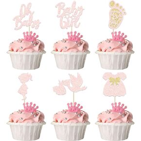 24pcs يا طفل كب كيك أعلى القبعات الطفلة الطفلة كب كيك مع القوس فستان البصمة البجعة البجعة الفاتحة الوردي اللمعان جنسها بين الجنسين تكشف عن الديكورات للاستحمام الطفل ، إنها حفلة عيد ميلاد فتاة