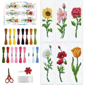 BEUNITONE 6 Pcs Flower Bookmark Cross Stitch Kits DIY Stamped Embroidery Bookmark Kit for Adults Beginner with Instructions Vivid Floral Cross Stitch Kits for DIY Crafts Book Lovers Gifts 2.4x8 in