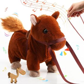 HyDren Walking Horse Toy Calls Tail Wagging Interactive Plush Horse Gift for Girl Boy Walk Pony with Leash Plush Stuffed Animal Toy for Kids Birthday Farm Party 7.87 Inches