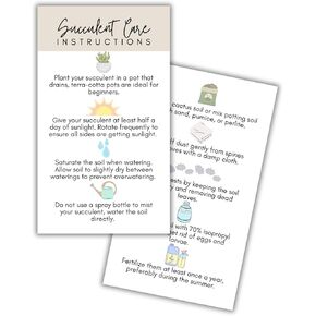 Succulent Care Instruction Cards with Icons 50pk 2x3.5" Home Propagated Plants for Sale Client Care How to Water Kit Plant Tags Labels