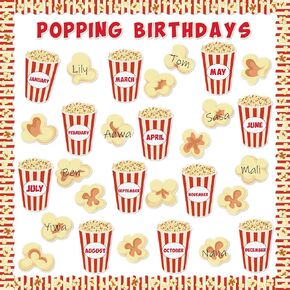 116Pcs Popcorn Birthday Bulletin Board Classroom Decoration Back to School Popcorn Box Cutouts Name Tags Boarder Trim Birthday Party Supplies Classroom Chalkboard Wall Door Decor