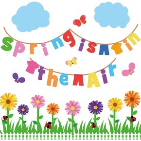 46 Pcs Spring Is in The Air Bulletin Board Set Spring Bulletin Board Decorations Colorful Flower Grass Fence Paper Cut Out for Classroom School Home Chalkboard Wall Window Party Decor Supplies