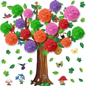 Spring Tree Bulletin Board Set Spring Classroom Cut-Outs with Paper Pom Poms 3D Tree Classroom Decoration Spring Bulletin Boards for Primary School Chalkboard Home Wall Decor Party Supplies
