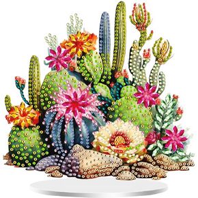 GemZono Diamond Art Painting Kit,Cactus Tabletop Diamond Art Desktop Ornament Special Shaped Rhinestone Desk Placement Ornament, Home Stand Up Gem Painting Craft Kit 6.94x7.24inch