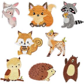8Pcs Woodland Animals Iron on Patches Cute Fox Squirrel Raccoon Hedgehog Sew on Repair Embroidered Applique Wild Jungle Safari Baby Shower Forest Creature DIY Crafts Gift for Clothing Backpack Hat