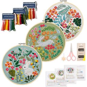 XM-GENYUE 3Sets Beginner Embroidery Kit for Adults, Hand Embroidery Kit for Beginners Adults Rabbit Flower Embroidery Kit Beginner