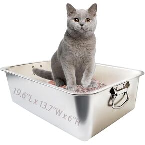 Stainless Steel Cat Litter Box XXL Metal High Sided Cat Pan with Handles Large Stainless Steel Box Indoor Litter Tray Kitten, Non Stick No Smell Easy to Clean Pet Toilet Supplies 19.6" L×13.7" W×6" H