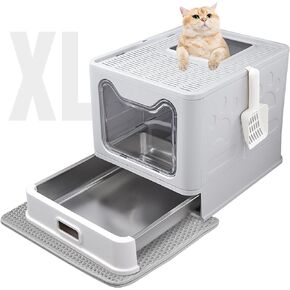 Foldable Stainless Steel Covered Cat Litter Box with Lid Mat -Metal Enclosed Extra Large Top Entry Kitty Litter Pan Tray with Scoop :Anti-Leakage, Odor Control, Easy Clean(Covered-Grey)