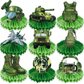 9 Pieces Army Party Decorations Camouflage Birthday Party Military Honeycomb Centerpieces Table Decor Cake Toppers for Birthday Retirement Baby Shower Supplies Photo Prop