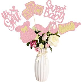 Gyufise 12Pcs Baby Shower Centerpiece Sticks Glitter Tie Onesie Oh Baby Gender Reveal It's a Girl Table Centerpiece Sticks for Baby Shower Gender Reveal Kids Birthday Party Supplies Pink