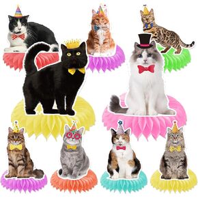 Cat Themed Birthday Party Decorations - 9PCS Cat Birthday Decorations Honeycomb Centerpieces for Tables, Cat Birthday Party Supplies, Happy Birthday Party Decorations for Boys Girls Baby Shower