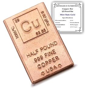 Half Pound Copper Bar Bullion Paperweight with Element Design (1/2 Pound Copper Bar)