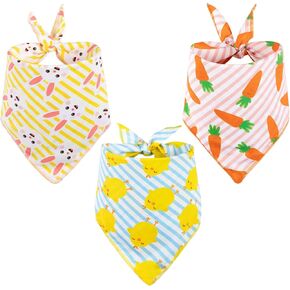 Whaline 3Pcs Easter Dog Bandanas Spring Carrot Chick Bunny Rabbit Pattern Dog Scarf Reversible Stripes Triangle Pet Bibs Adjustable Washable Pet Neckerchief for Medium Large Dog Cat Accessories