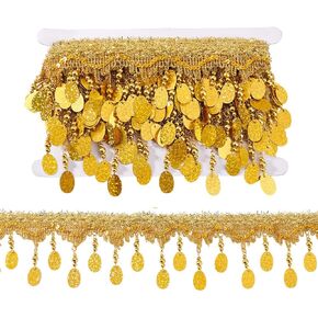 PH PandaHall 4.6~5 Yards Golden Fringe Trim, 3-3/8 inch Filigree Lace Ribbon with Oval Bead Tassel Sewing Edging Trim Fabric Decorative Trim for Curtain Lampshade Costume Craft Home Decor