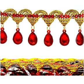 9.3 Yard Hanging Beads Fringe Lace Rhinestone Braided Ribbons Sewing Apparel Trims DIY Craft Sewing Accessory for Wedding Bridal,Performance Costumes or Jewelry (red)