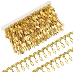 FINGERINSPIRE 10 Yards Hanging Beads Fringe Lace 1-5/8 inch Wide Gold Metallic Braid Lace Trim with Horse Eye Beads Tassel Champagne Yellow Beads Sew on Fringe Ribbon for DIY Crafts Decoration