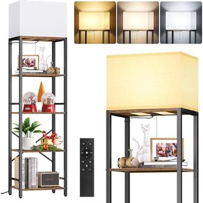 Plus Floor Lamp with Shelves & Remote, 5-Tier Dimmable Tall Standing Lamp with 3 Color Temperature LED Bulb, 1-Hour Timer, Memory Function, Wide Bookshelf for Display, Living Room, Bedroom
